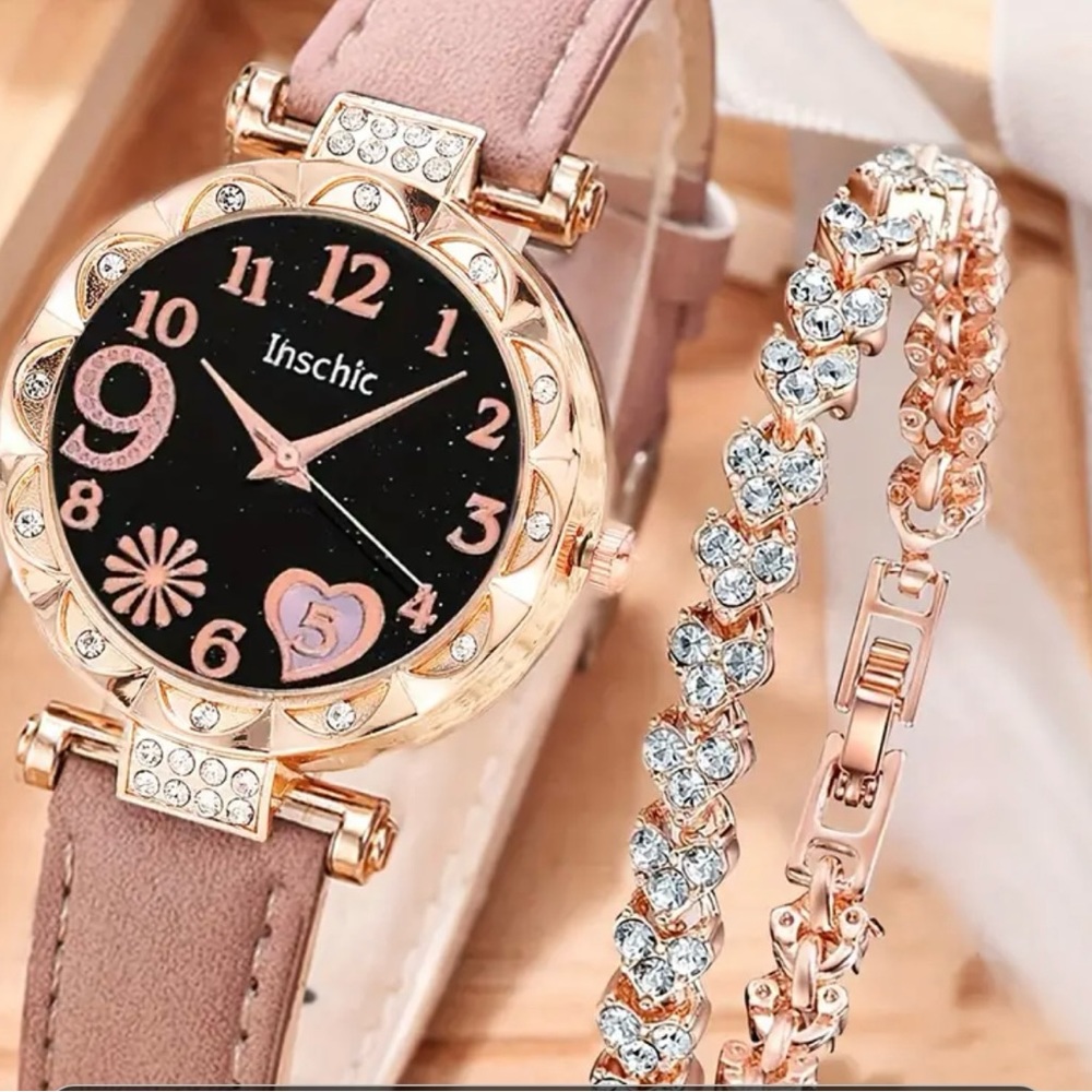 Women’s  Pink  Leather Watch Set with  Bracelet Set